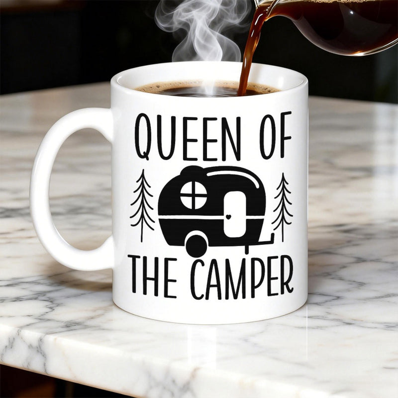 Tailorly White Ceramic 11 oz Mug - Queen Of The Camper Minimalist Black Silhouette Teardrop Trailer Parked Among Simple Evergreen Pine Trees Camper