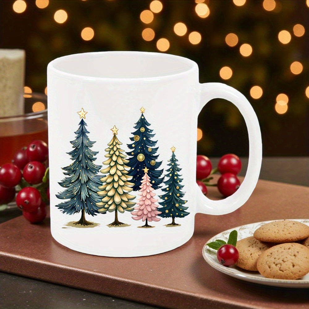 Tailorly White Ceramic 11 oz Mug - Beautiful Watercolor Style Festive Christmas Trees Set In Minimalist Row Tree