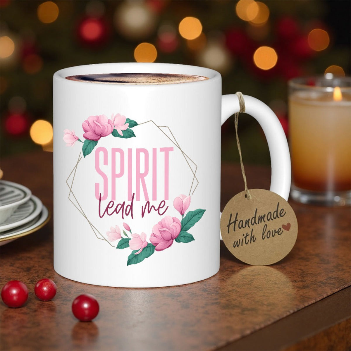 Tailorly White Ceramic 11 oz Mug - Spirit Lead Me Elegant Pink Floral Blossoms Among Delicate Golden Geometric Lines Wreath
