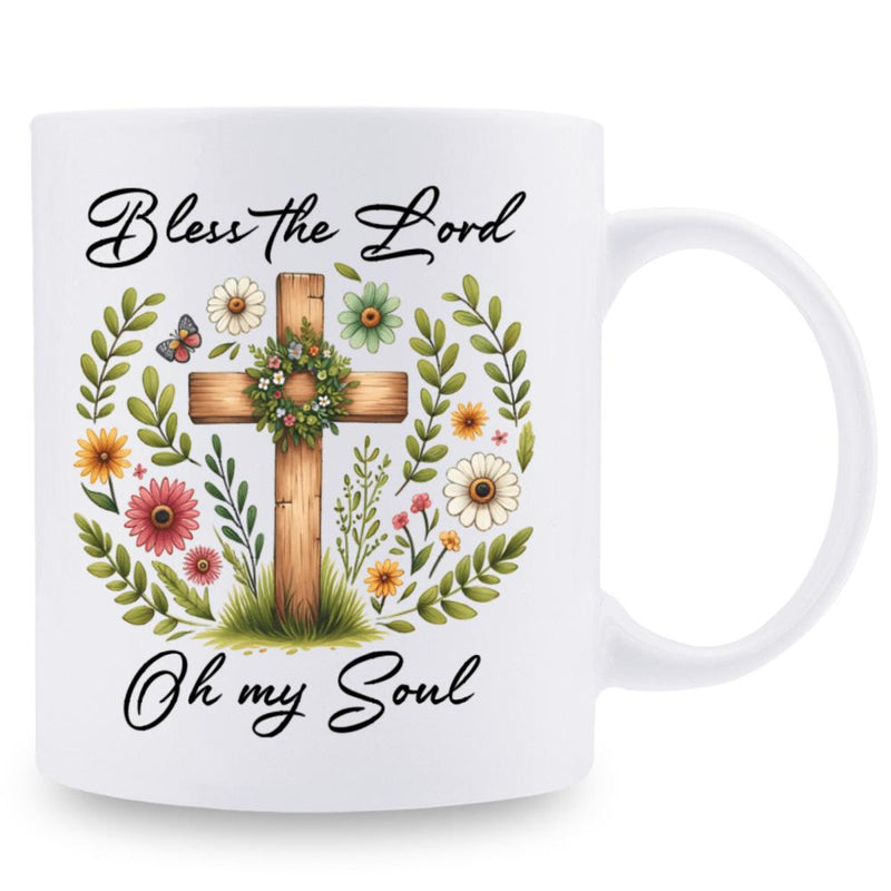 Tailorly White Ceramic 11 oz Mug - Bless The Lord Oh My Soul Rustic Wooden Cross With Wreath Surrounded By Blooming Colorful Flowers Cross