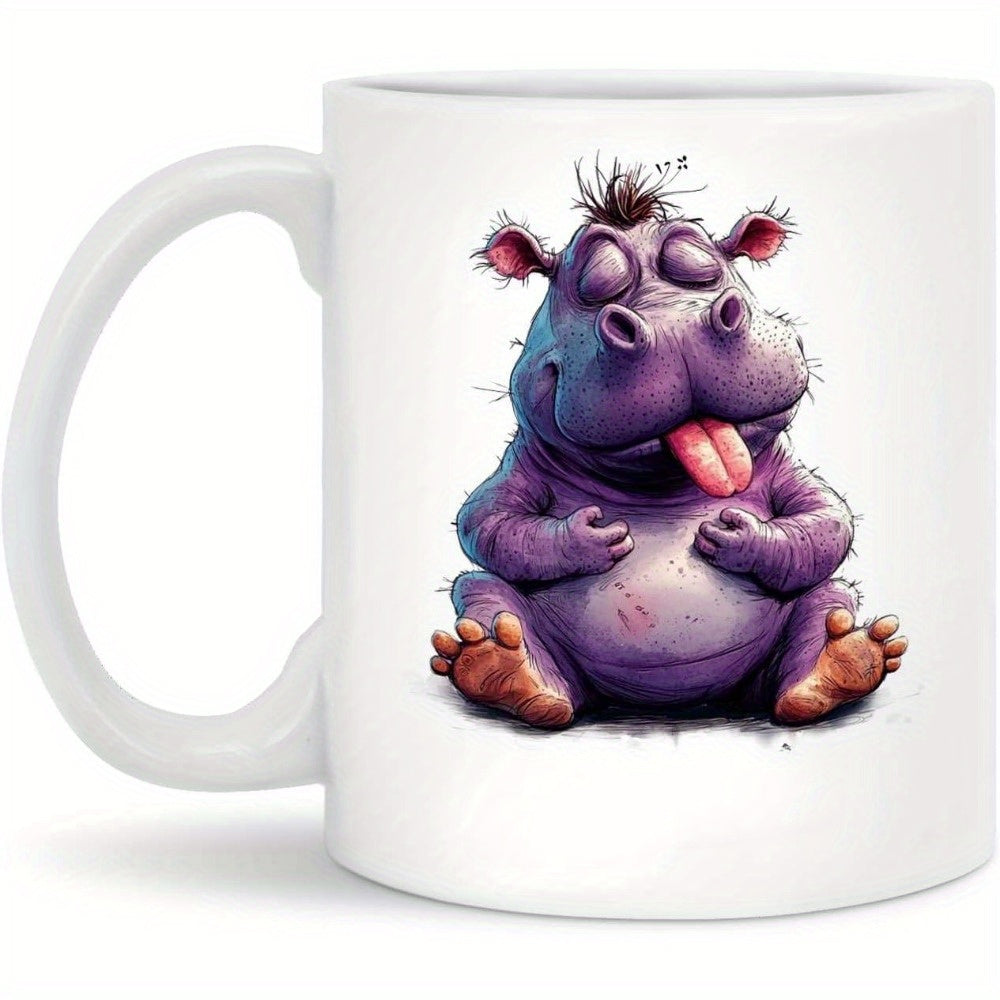 Tailorly White Ceramic 11 oz Mug - Adorable Chubby Purple Character Sticking Out Tongue In Relaxed Meditative Pose Hippo