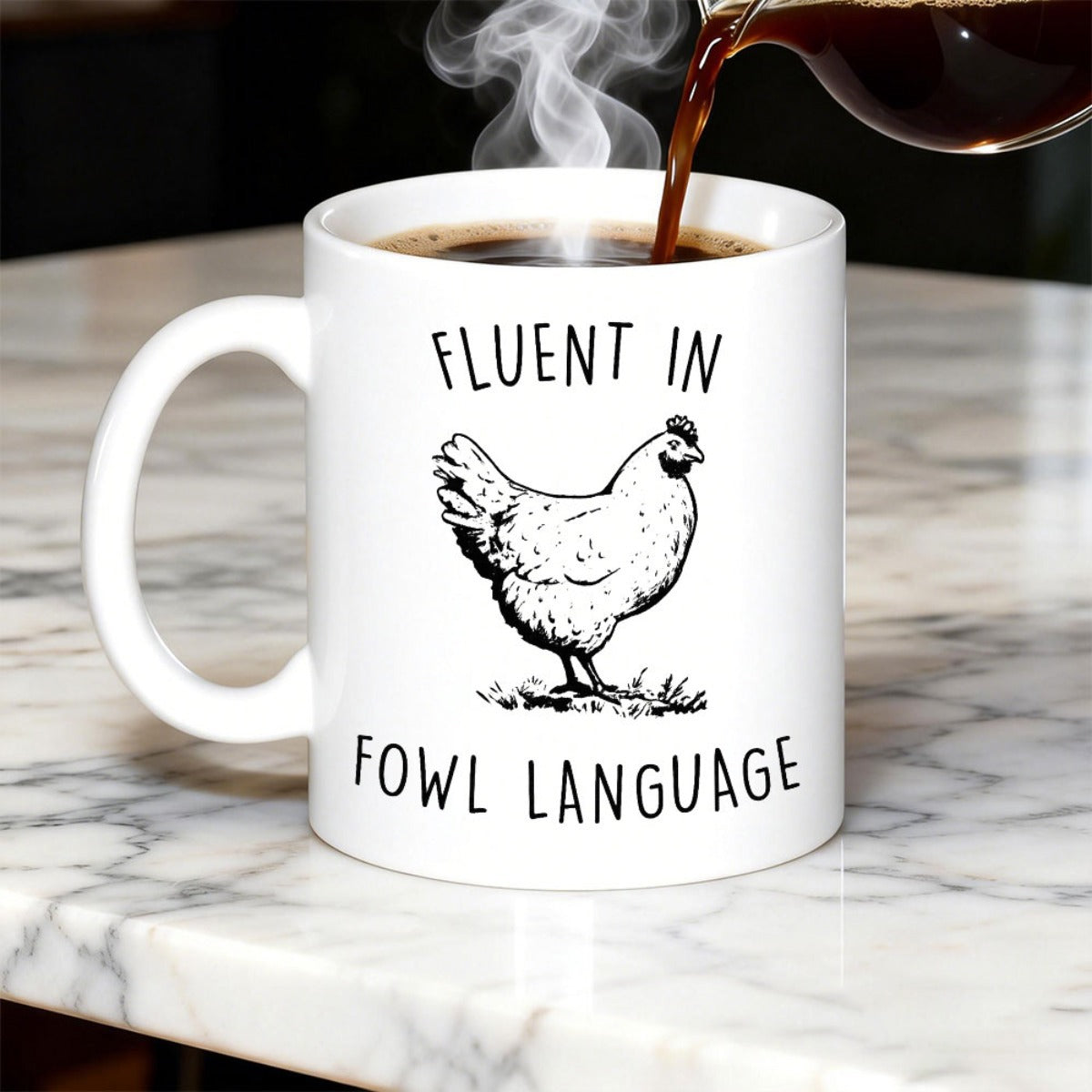 Tailorly White Ceramic 11 oz Mug - Fluent In Fowl Language Detailed Artistic Hand Drawn Illustration Of A Farm Hen