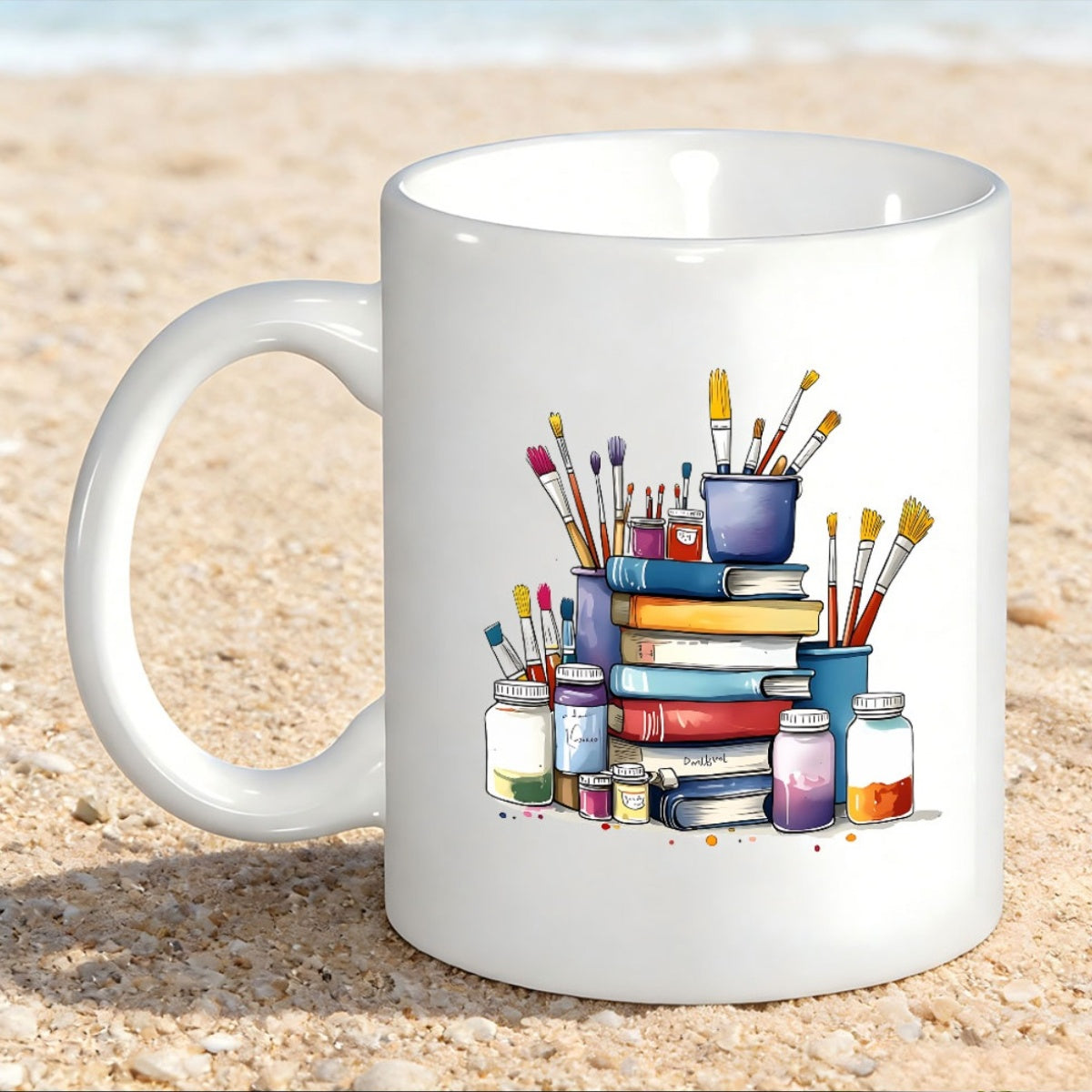 Tailorly White Ceramic 11 oz Mug - Colorful Watercolor Brushes In Jars Resting On A Stack Of Books