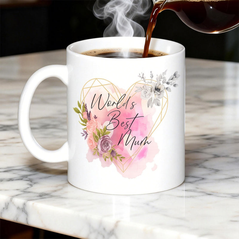 Tailorly White Ceramic 11 oz Mug - Worlds Best Mum Delicate Pink Watercolor Blooms Inside A Golden Line Geometric Frame Heart