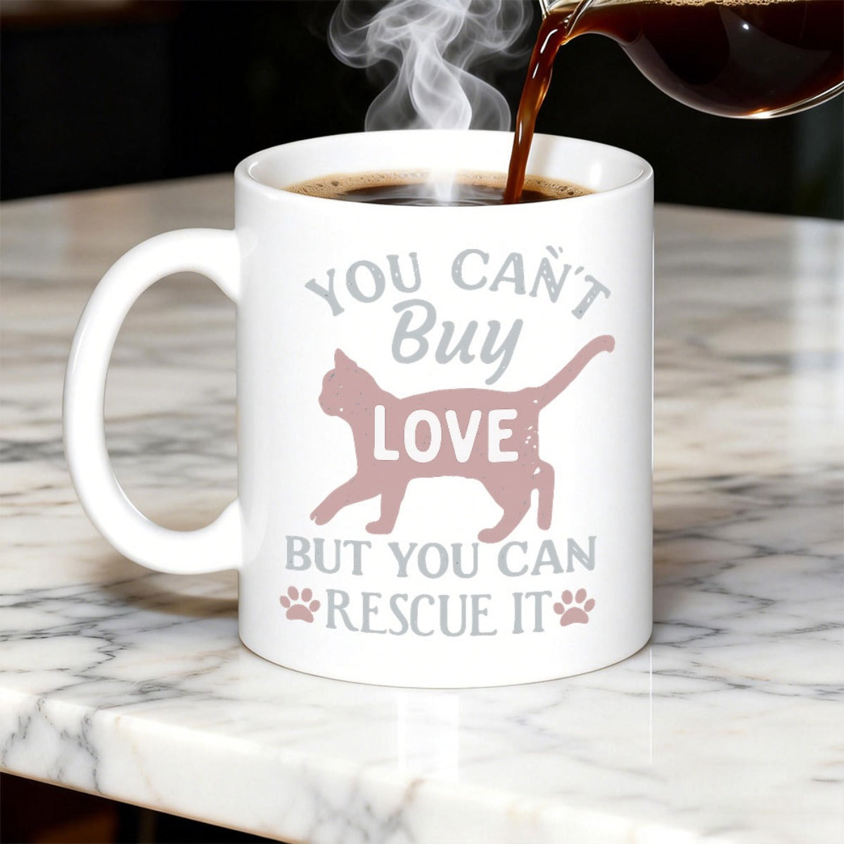 Tailorly White Ceramic 11 oz Mug - You Cant Buy Love But You Can Rescue It Graceful Feline Silhouette Surrounded By Small Paw Prints On Ceramic Surface Cat