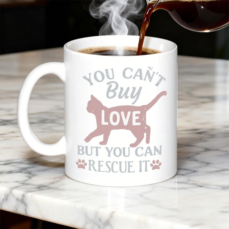 Tailorly White Ceramic 11 oz Mug - You Cant Buy Love But You Can Rescue It Graceful Feline Silhouette Surrounded By Small Paw Prints On Ceramic Surface Cat