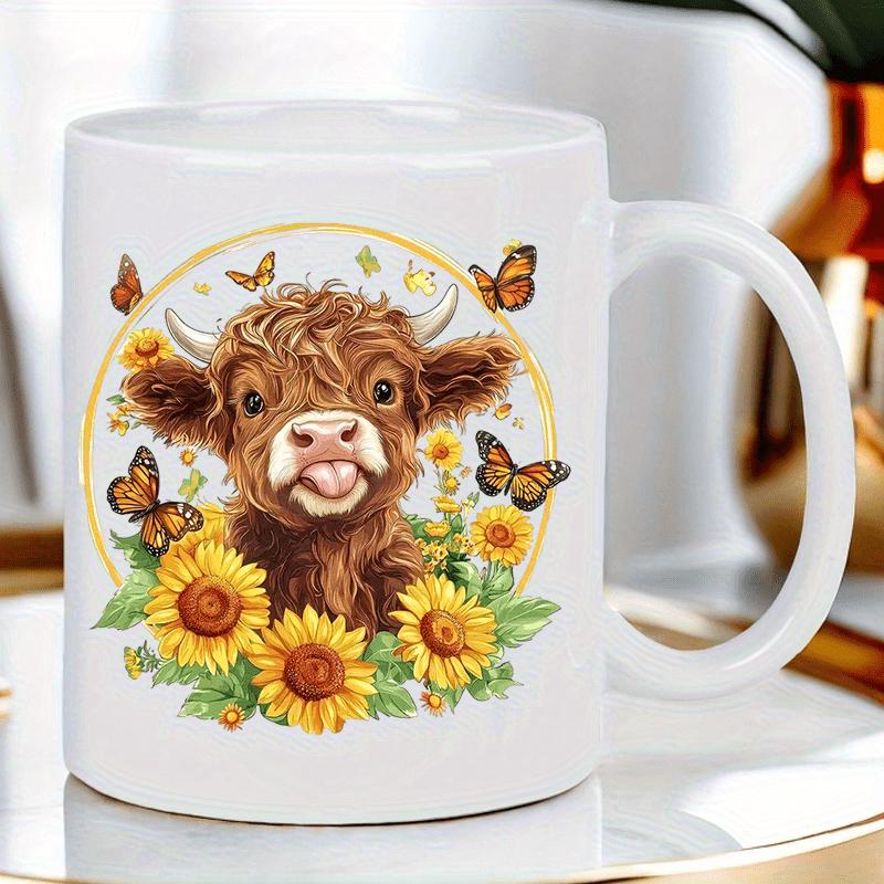 Tailorly White Ceramic 11 oz Mug - Adorable Shaggy Highland Calf Sticking Tongue Out Among Sunflowers And Butterflies Cow