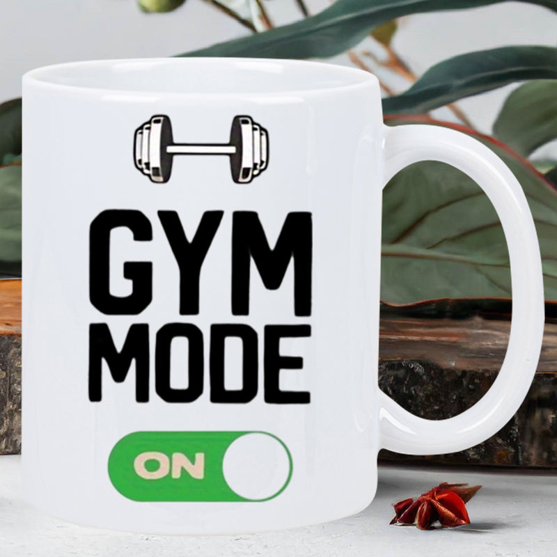 Tailorly White Ceramic 11 oz Mug - Gym Mode On Minimalist Barbell Graphic With A Green Power Toggle Switch Mug