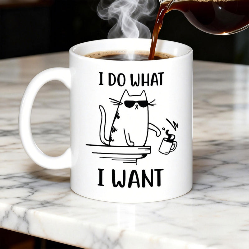 Tailorly White Ceramic 11 oz Mug - I Do What I Want Minimalist Line Art Sketch Of A Sassy Cat Wearing Dark Sunglasses Cat