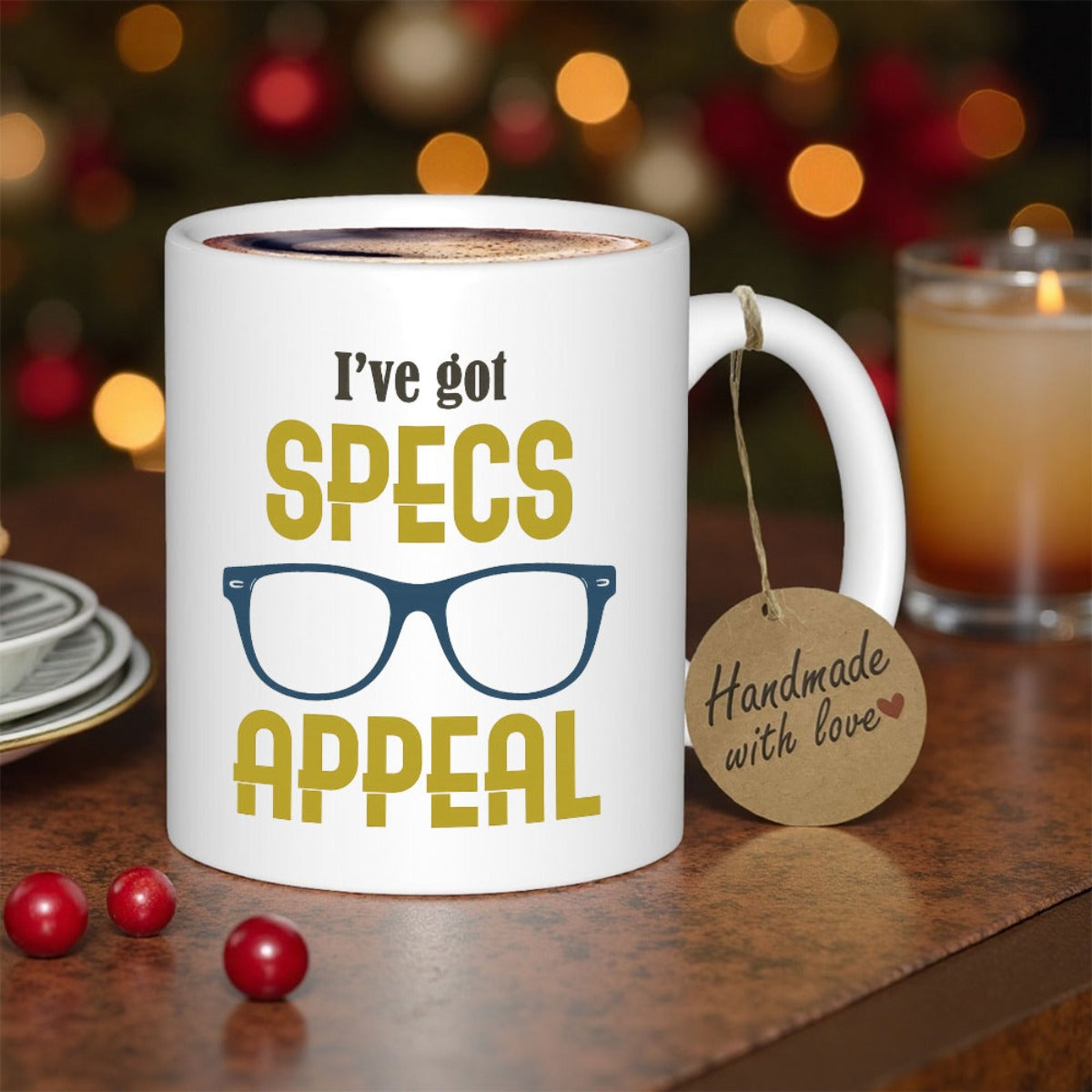 Tailorly White Ceramic 11 oz Mug - Ive Got Specs Appeal Minimalist Black Eyewear Frames Centered On A Glossy Ceramic Surface Mug