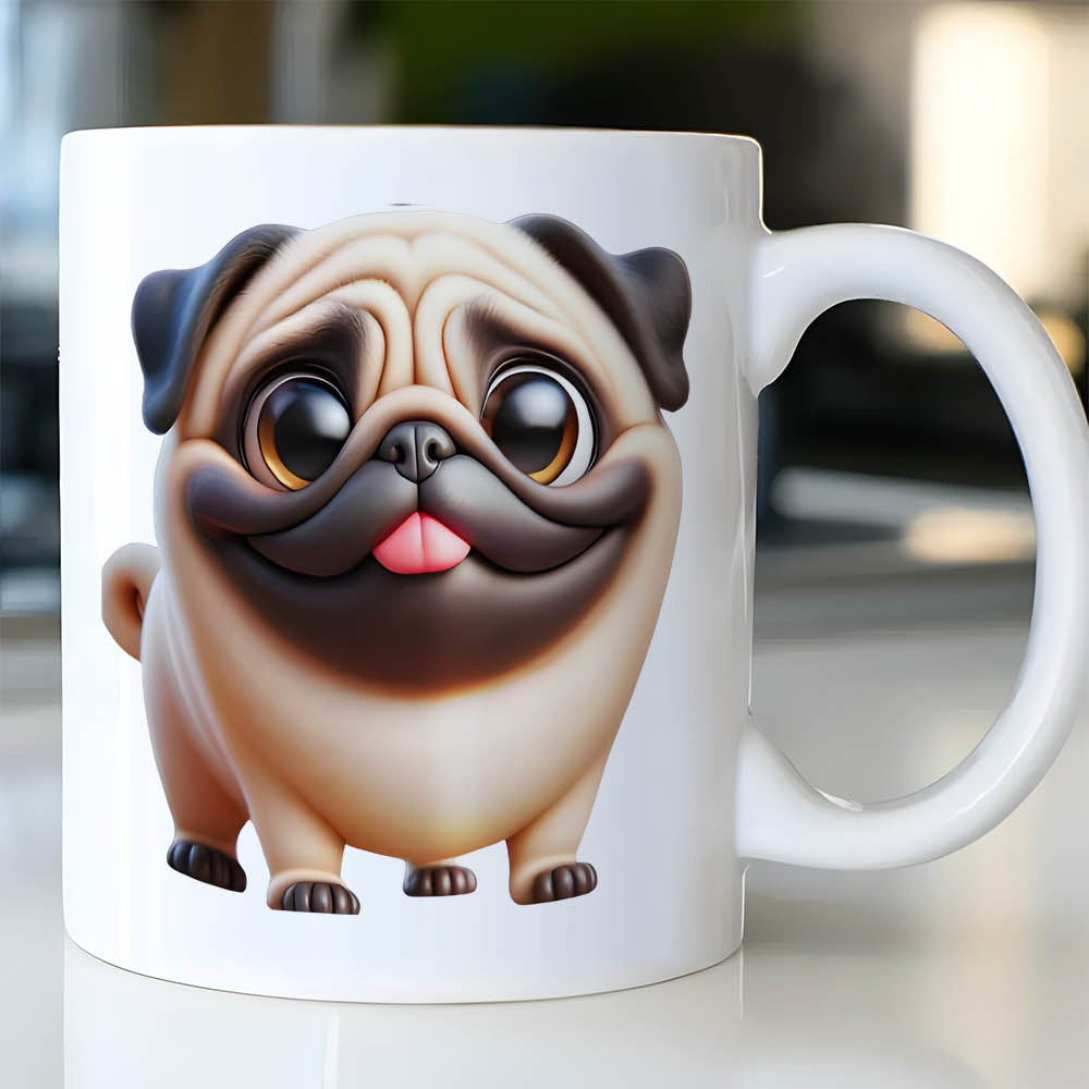 Tailorly White Ceramic 11 oz Mug - Adorable Chubby Canine With Big Expressive Eyes And Happy Tiny Tongue Out Pug