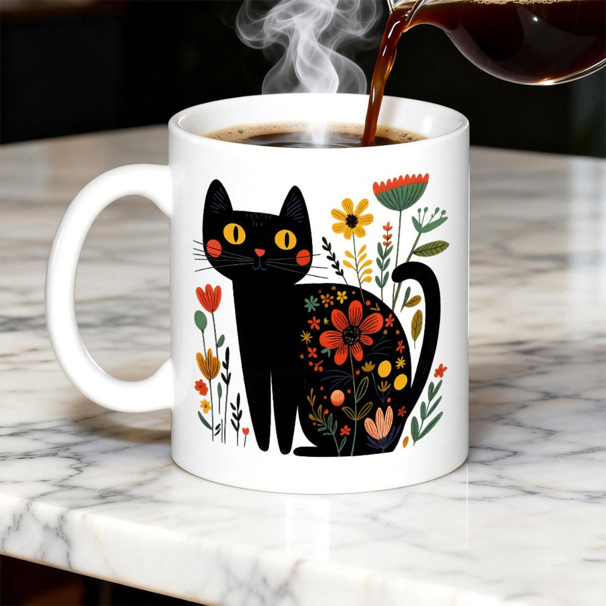 Tailorly White Ceramic 11 oz Mug - Artistic Black Folk Art Silhouette Decorated With Colorful Garden Flowers Cat