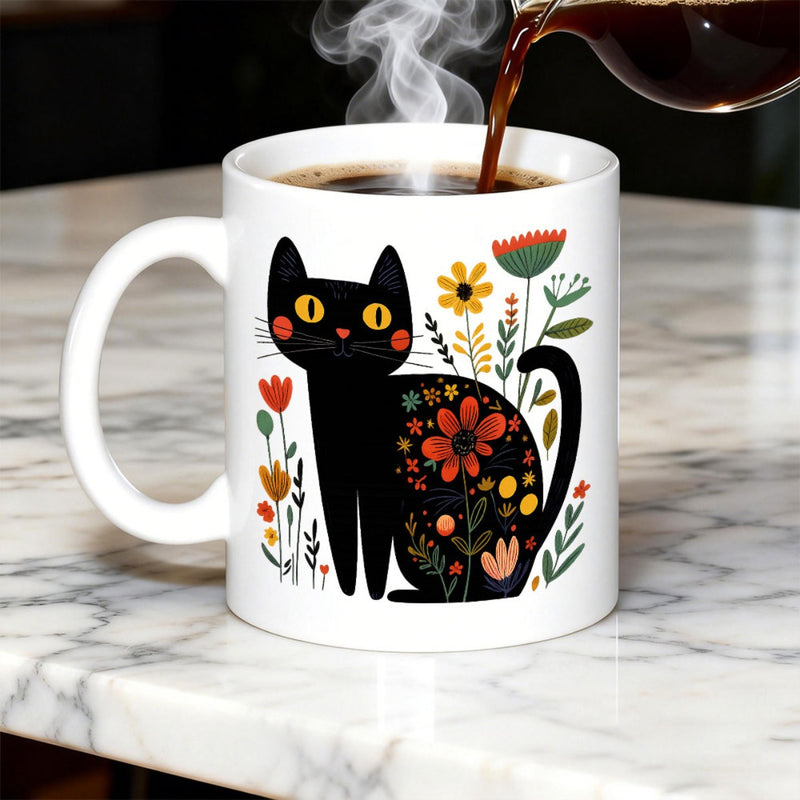 Tailorly White Ceramic 11 oz Mug - Artistic Black Folk Art Silhouette Decorated With Colorful Garden Flowers Cat