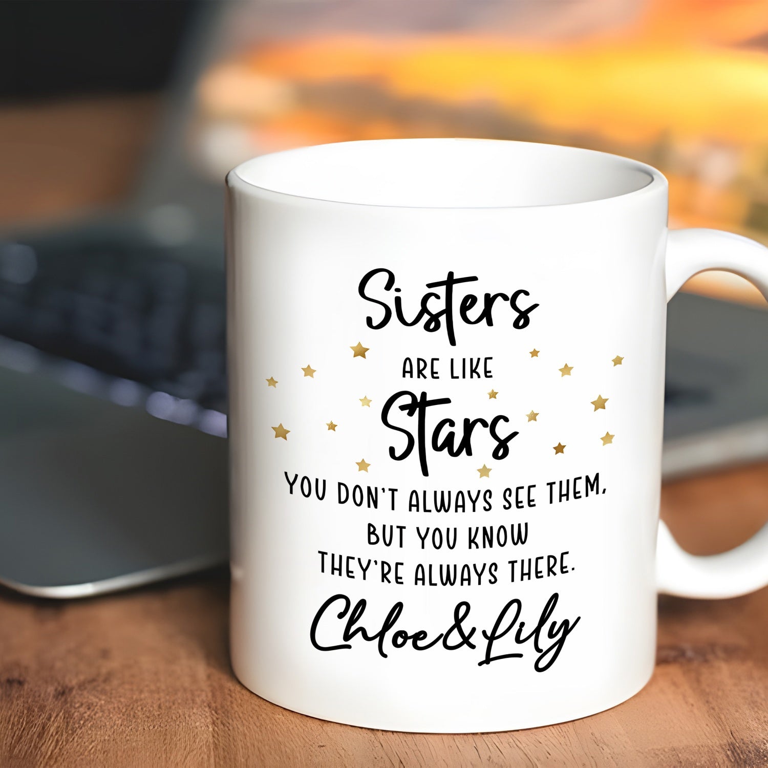 Tailorly White Ceramic 11 oz Mug - Sisters Stars Chloe Lily Small Twinkling Golden Decorative Elements Surrounding Minimalist Hand Written Script Star