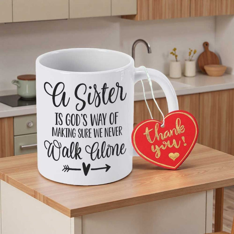 Tailorly White Ceramic 11 oz Mug - A Sister Is Gods Way Of Making Sure We Never Walk Alone Thank You Simple Black Line Arrow Featuring A Small Centered Heart