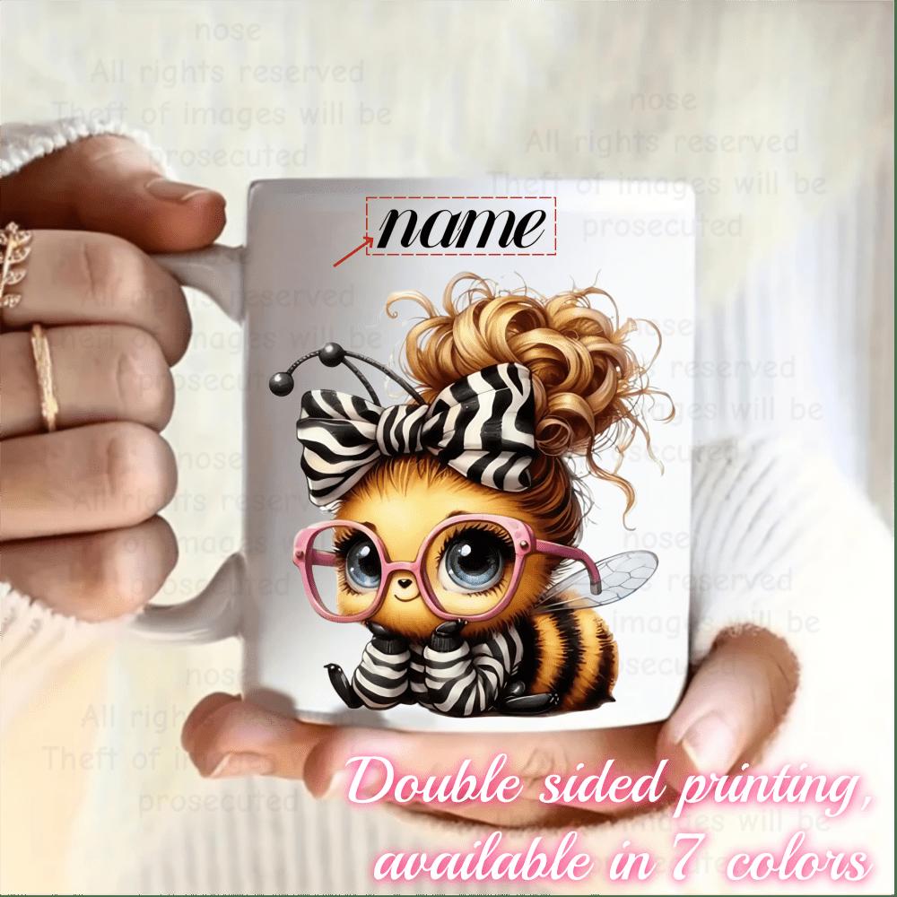 Tailorly White Ceramic 11 oz Mug - Name Adorable Little Bee With Pink Glasses And Striped Hair Bow Bee