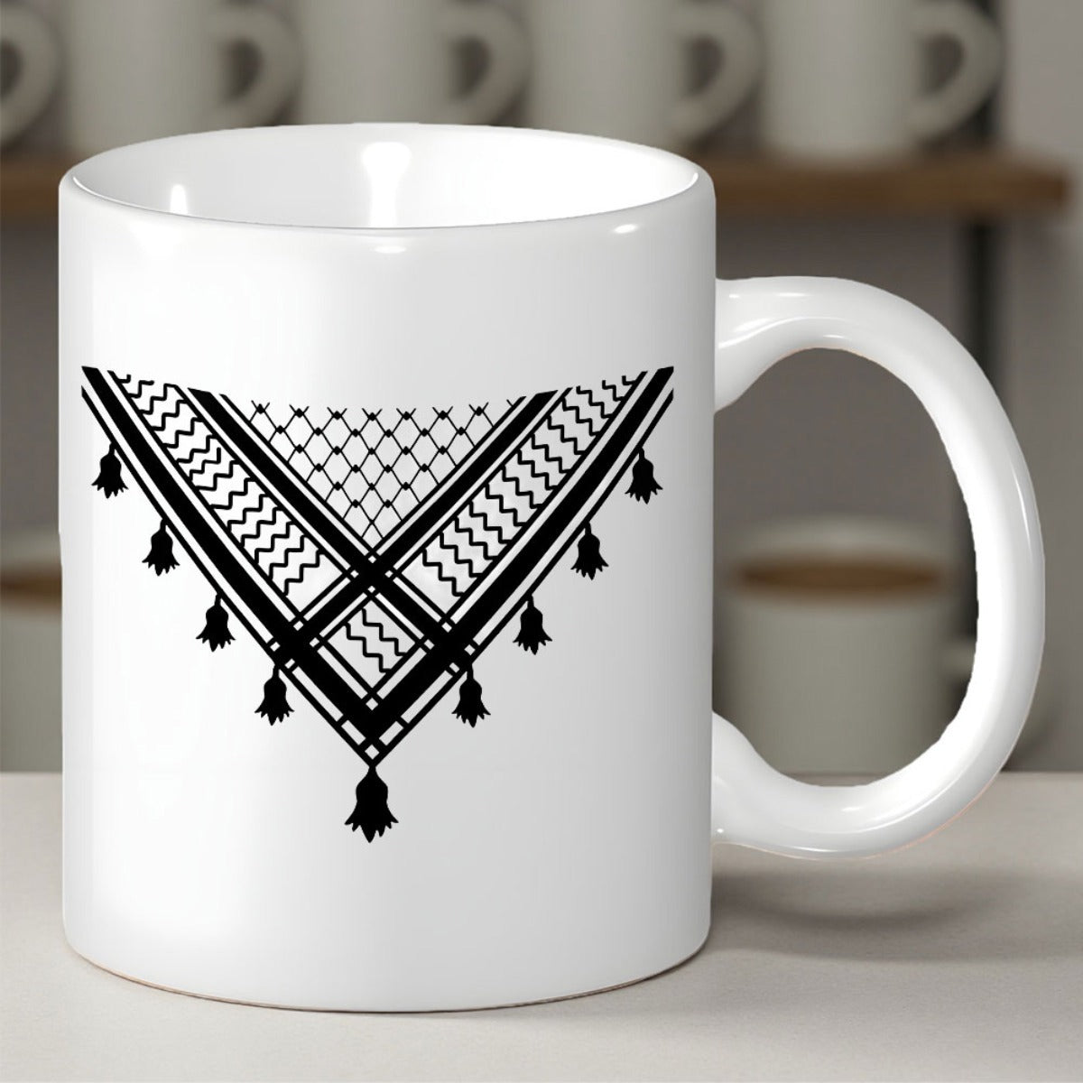 Tailorly White Ceramic 11 oz Mug - Traditional Middle Eastern Scarf Pattern With Hanging Tassels And Geometric Grid Keffiyeh