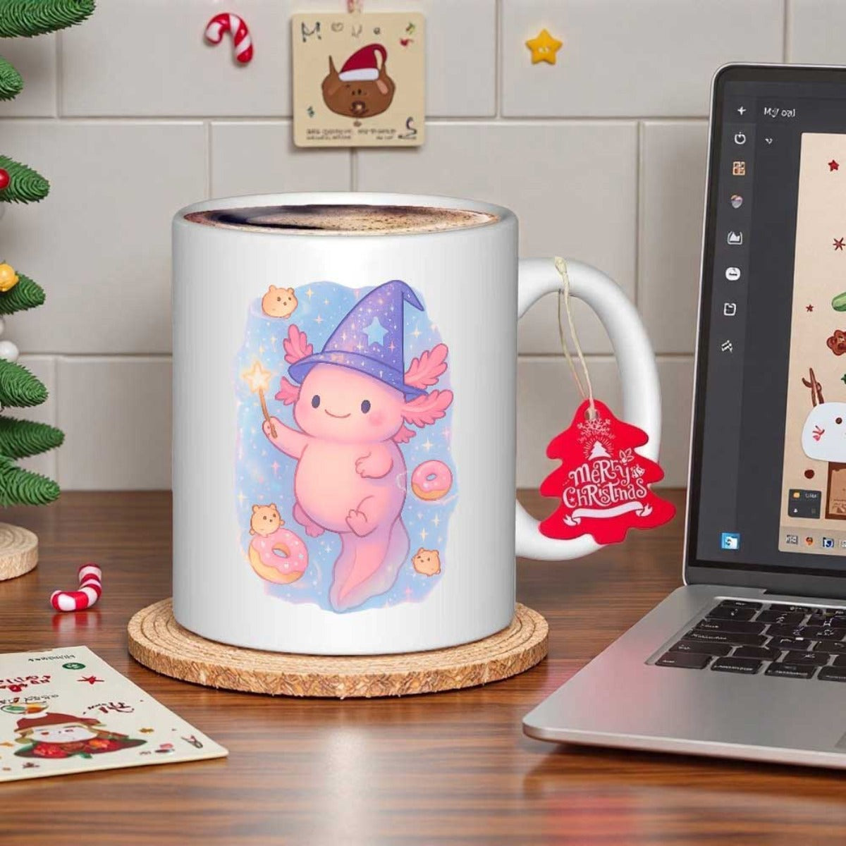 Tailorly White Ceramic 11 oz Mug - Magical Pink Creature Wearing Purple Wizard Hat Floating Among Delicious Donuts Axolotl
