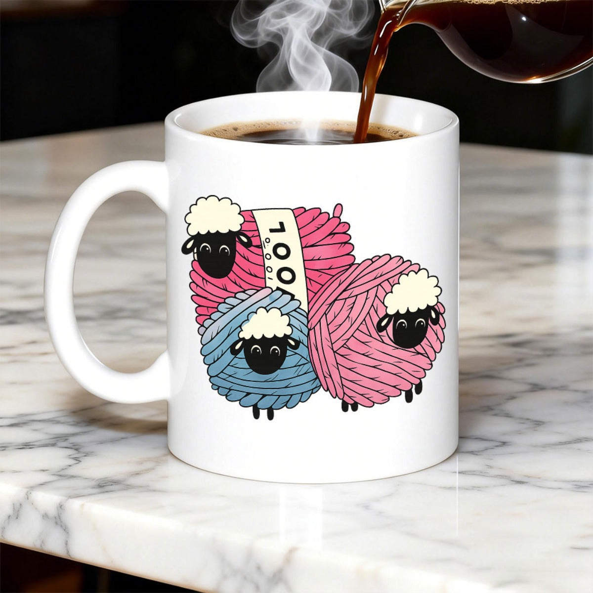 Tailorly White Ceramic 11 oz Mug - Wool Colorful Yarn Balls Styled As Three Adorable Little Fluffy Sheep