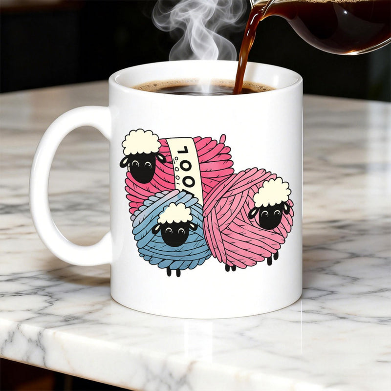 Tailorly White Ceramic 11 oz Mug - Wool Colorful Yarn Balls Styled As Three Adorable Little Fluffy Sheep