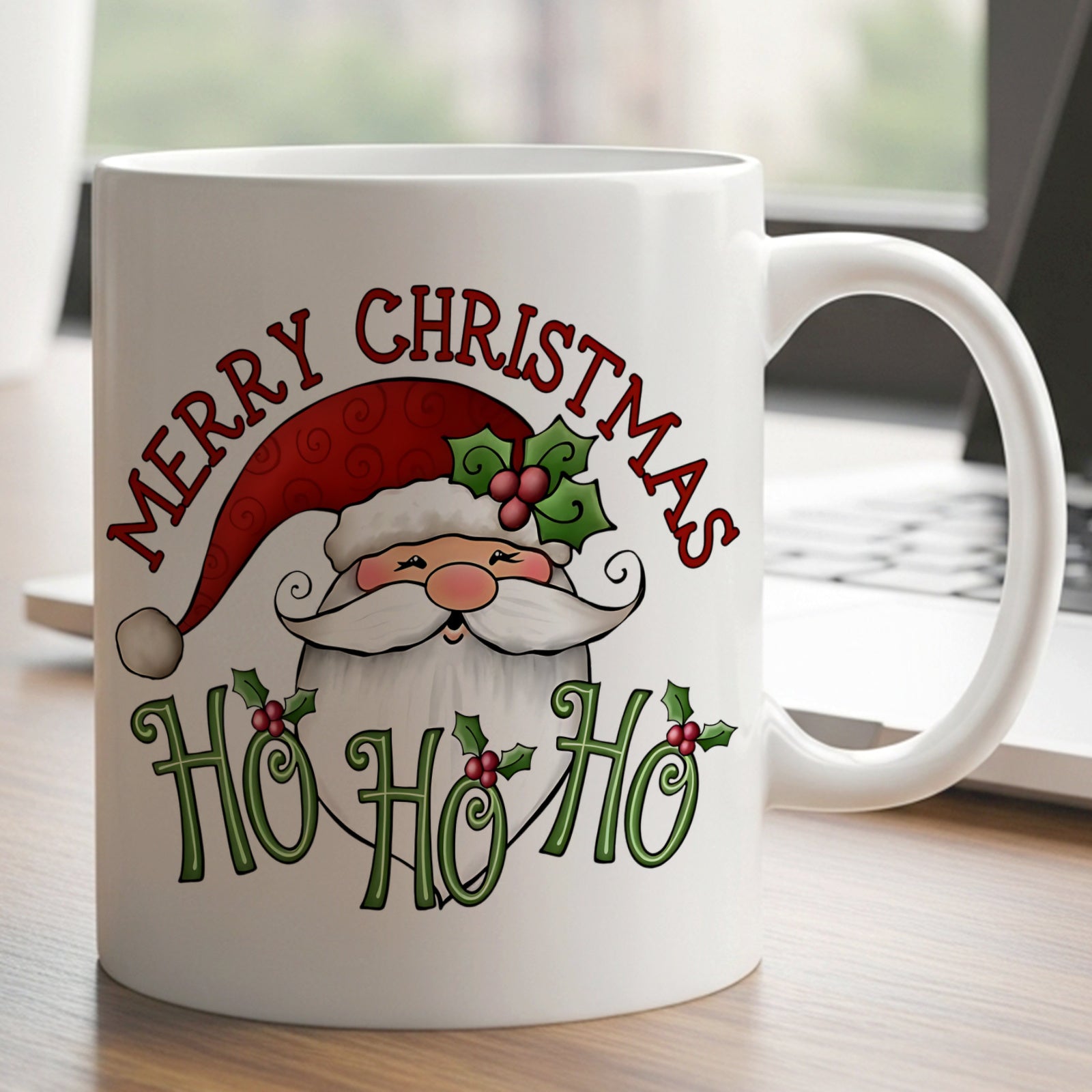Tailorly White Ceramic 11 oz Mug - Merry Christmas Ho Ho Ho Smiling Festive Character With Red Hat And Green Holly Leaves Santa Claus