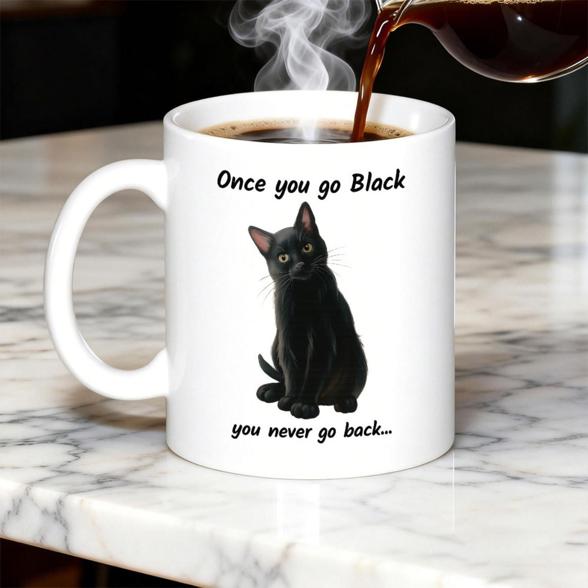 Tailorly White Ceramic 11 oz Mug - Once You Go Black You Never Go Back Realistic Adorable Midnight Feline With Bright Eyes Sitting In Serene Pose Cat