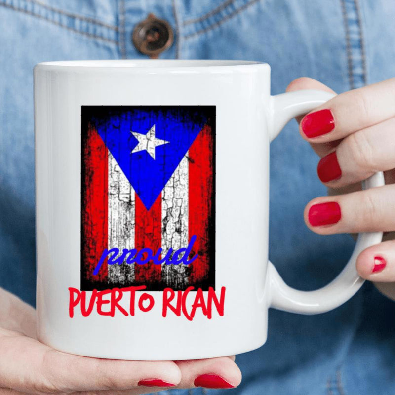 Tailorly White Ceramic 11 oz Mug - Proud Puerto Rican Distressed Vintage Style Patriotic Banner With Star And Stripes Heritage Flag