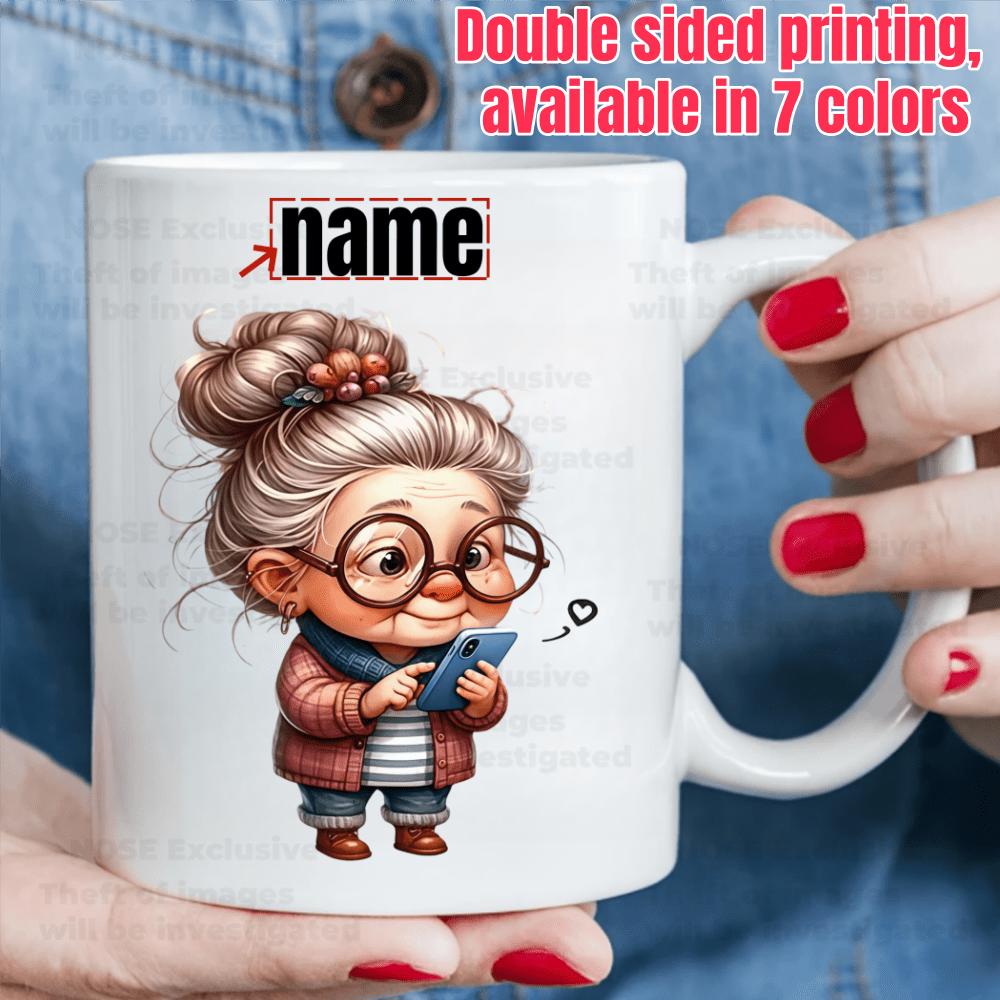 Tailorly White Ceramic 11 oz Mug - Adorable Elderly Woman With Messy Bun And Round Glasses Using Smartphone Grandmother