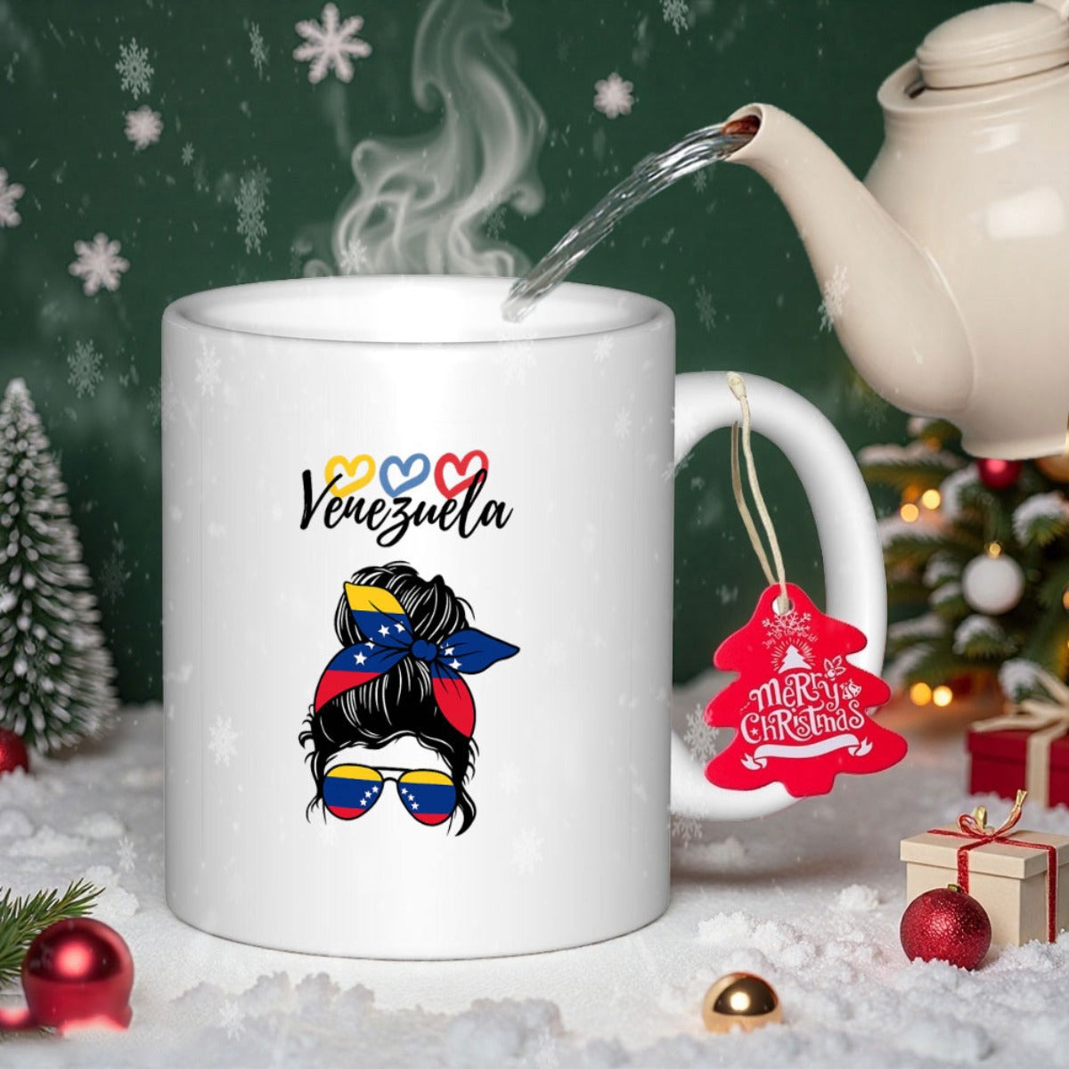 Tailorly White Ceramic 11 oz Mug - Venezuela Messy Bun Silhouette Wearing Patriotic Flag Patterned Headband And Sunglasses Woman