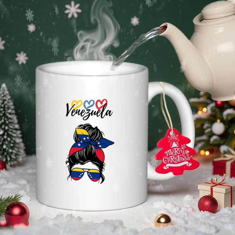 Tailorly White Ceramic 11 oz Mug - Venezuela Messy Bun Silhouette Wearing Patriotic Flag Patterned Headband And Sunglasses Woman