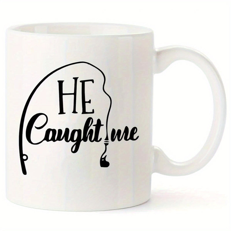 Tailorly White Ceramic 11 oz Mug - He Caught Me Simple Black Minimalist Line Art Depicting A Hooked Fishing Rod