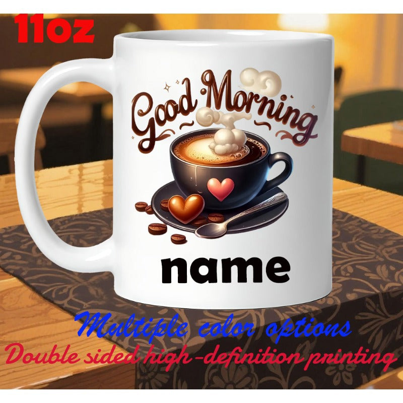 Tailorly White Ceramic 11 oz Mug - Good Morning Steaming Hot Cup Of Dark Coffee With Floating Hearts Coffee