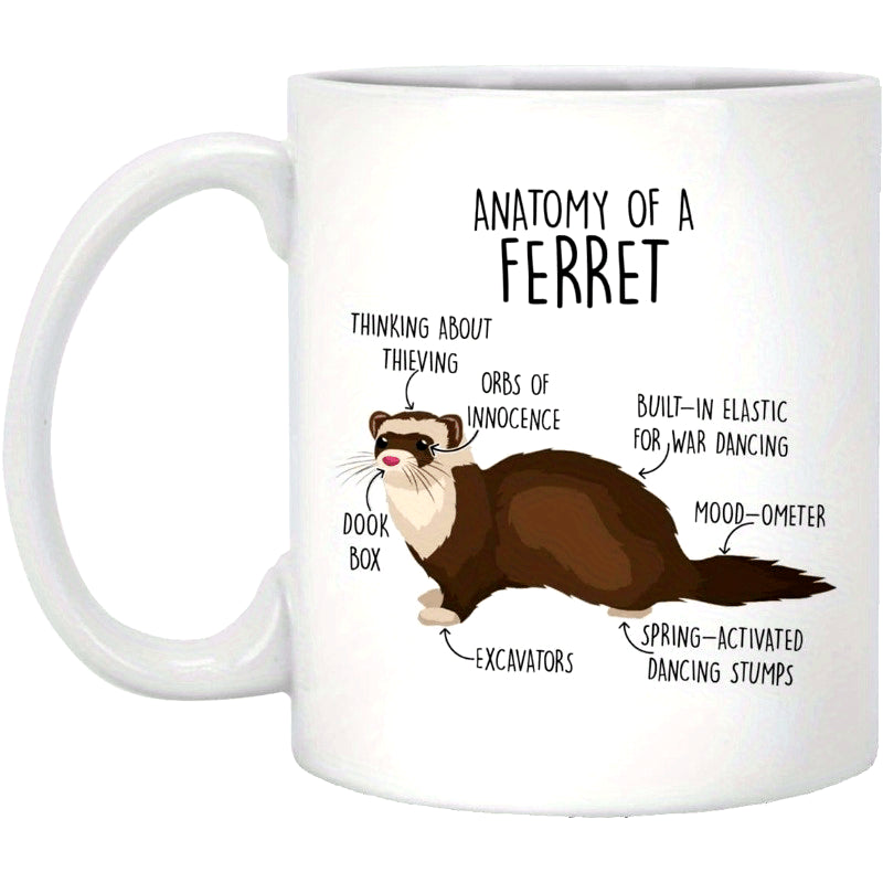 Tailorly White Ceramic 11 oz Mug - Anatomy Of A Ferret Whimsical Hand Drawn Diagram Showing Features Of A Small Furry Ferret