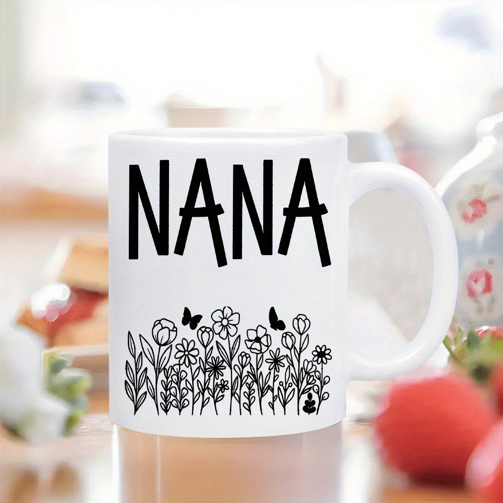 Tailorly White Ceramic 11 oz Mug - Nana Hand Drawn Minimalist Black Line Art Wildflowers With Small Fluttering Butterflies Flower