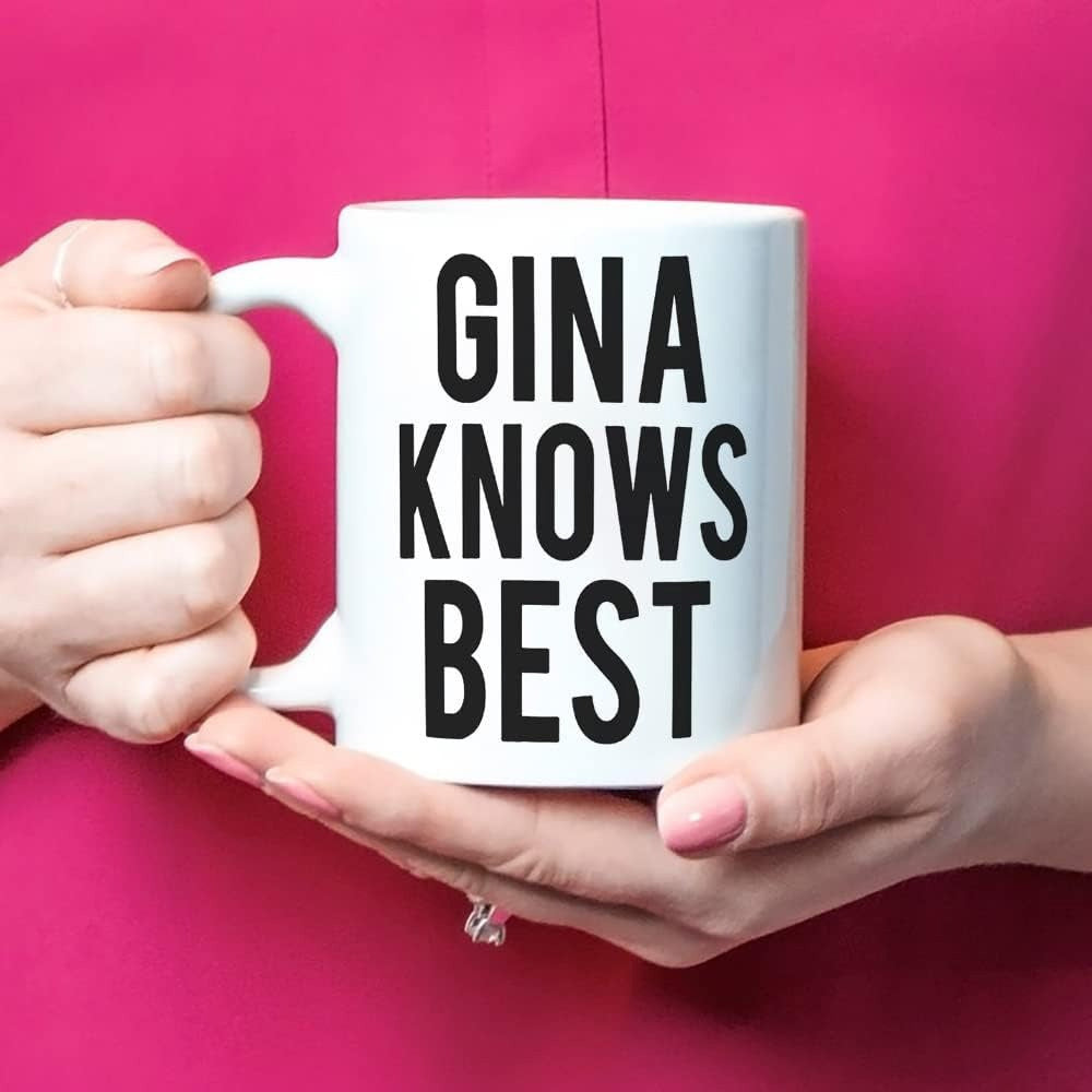 Tailorly White Ceramic 11 oz Mug - Gina Knows Best Classic White Porcelain Vessel Held By Feminine Hands Against Bright Magenta Background Mug