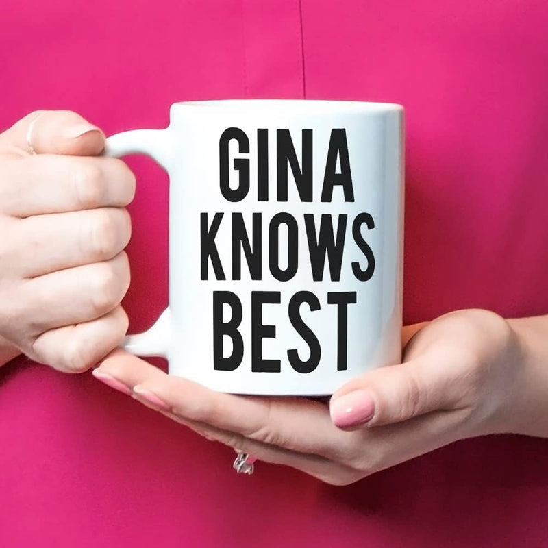 Tailorly White Ceramic 11 oz Mug - Gina Knows Best Classic White Porcelain Vessel Held By Feminine Hands Against Bright Magenta Background Mug