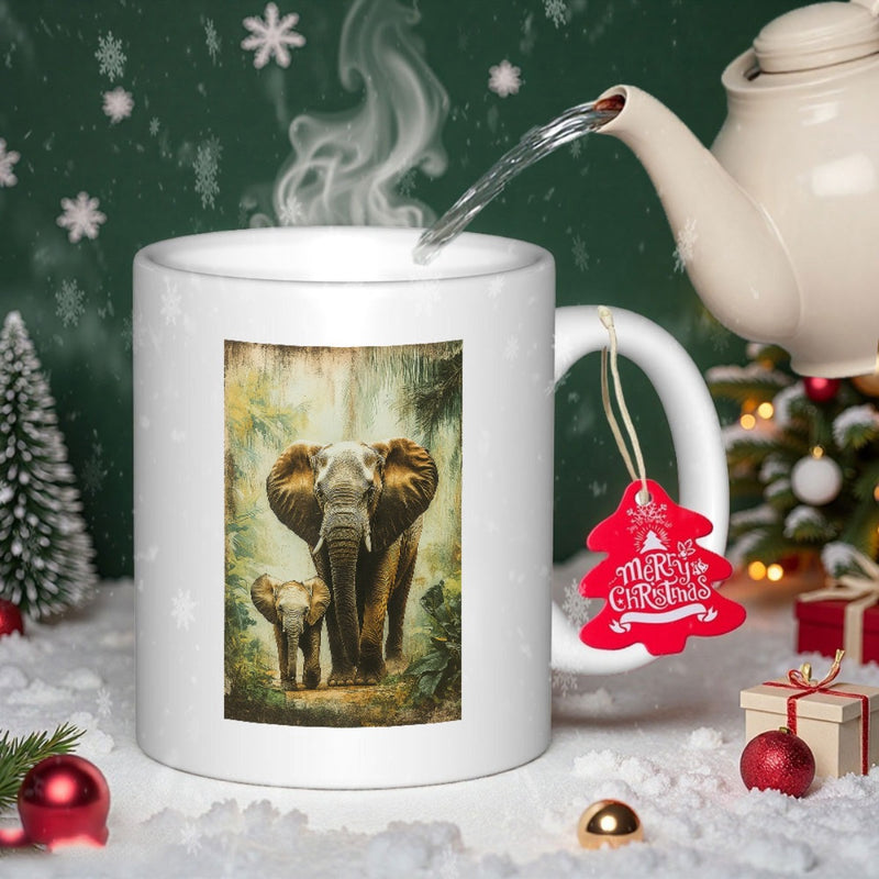 Tailorly White Ceramic 11 oz Mug - Majestic Adult Elephant Standing Beside Its Cute Small Baby Calve Elephant