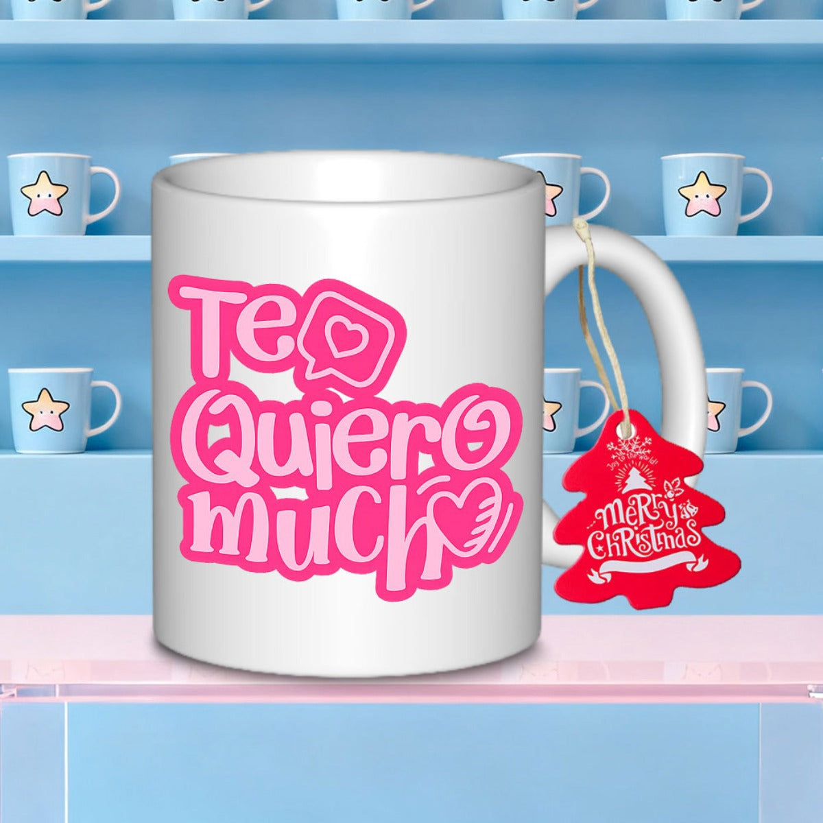 Tailorly White Ceramic 11 oz Mug - Merry Christmas White Vessel Featuring Pink Bubble Letters And Small Heart Patterns Mug