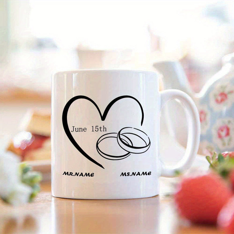 Tailorly White Ceramic 11 oz Mug - June 15th Mr Name Ms Name Simple Heart Outline With Two Overlapping Wedding Bands Celebrating Romantic Marriage Mug