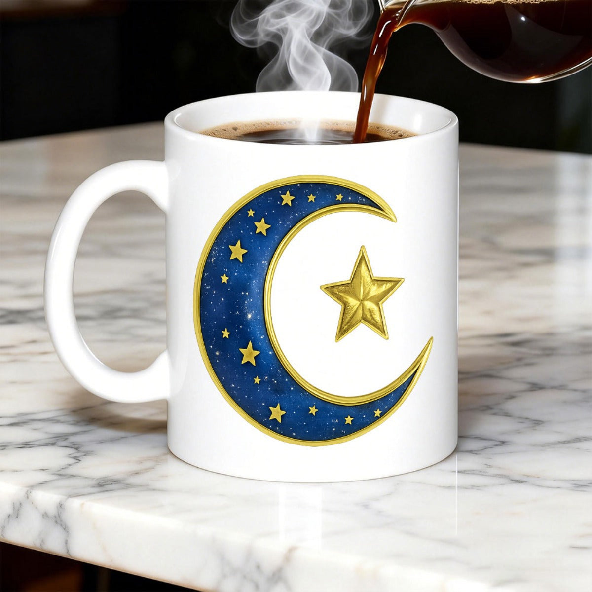 Tailorly White Ceramic 11 oz Mug - Golden Celestial Stars Shining Within A Deep Blue Starry Night Sky Crescent Moon
