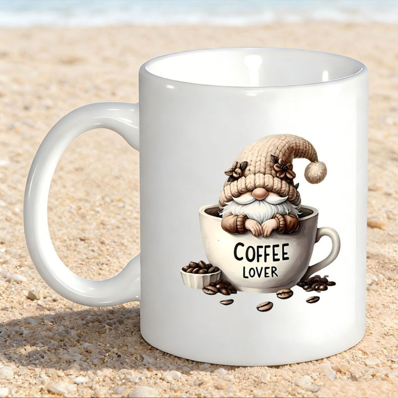 Tailorly White Ceramic 11 oz Mug - Coffee Lover Adorable Tiny Gnome Sitting Inside A Warm Cup Surrounded By Scattered Beans Gnome