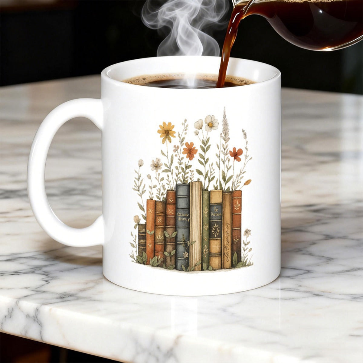 Tailorly White Ceramic 11 oz Mug - Vintage Aesthetic Wildflowers Blooming From A Row Of Classic Aged Books