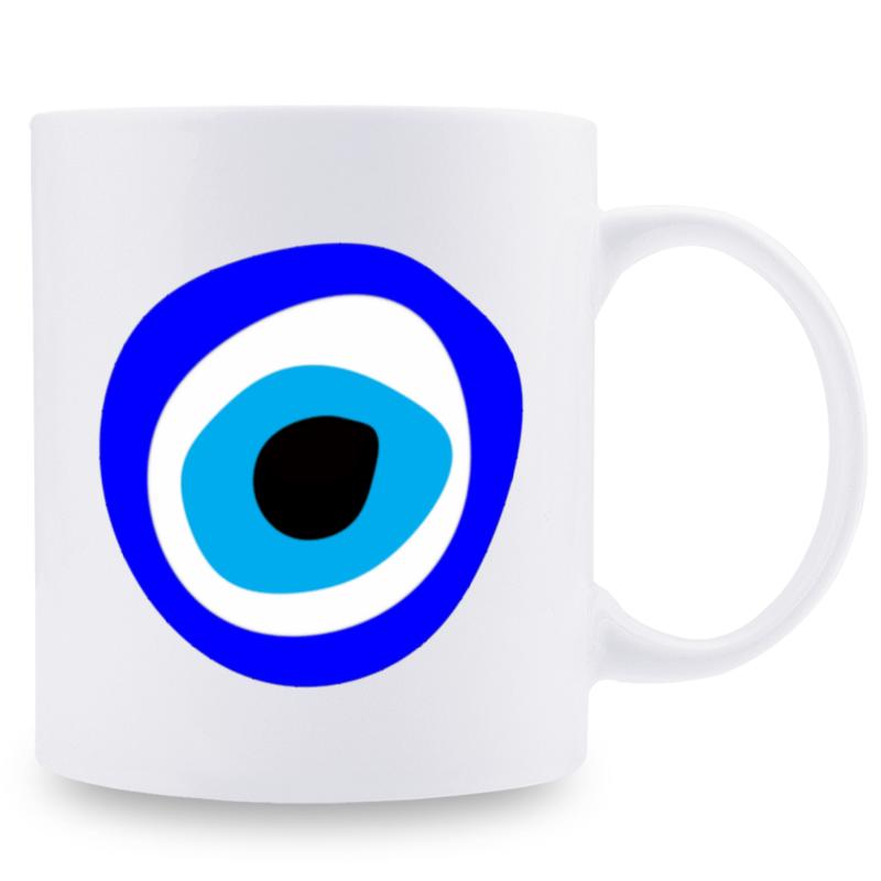 Tailorly White Ceramic 11 oz Mug - Vibrant Blue Circles Forming A Hand Painted Traditional Turkish Nazar Design Evil Eye