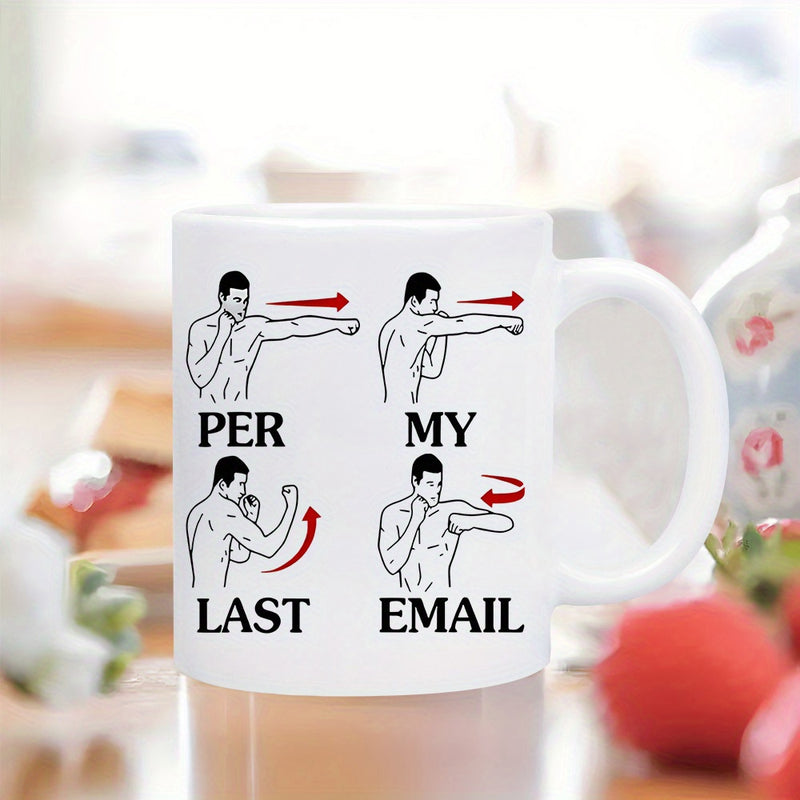 Tailorly White Ceramic 11 oz Mug - Per My Last Email Four Athletic Men Practicing Boxing Movements With Directional Red Arrows Illustration