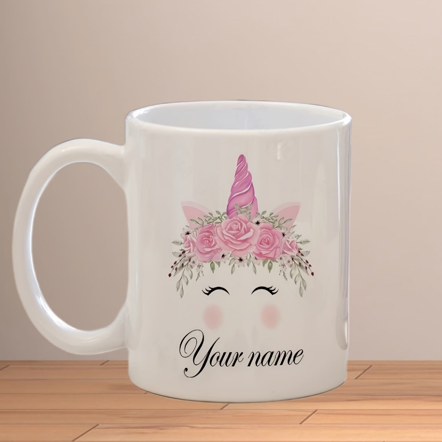 Tailorly White Ceramic 11 oz Mug - Your Name Magical Floral Crown With Pink Roses And Elegant Eyelashes On White Unicorn