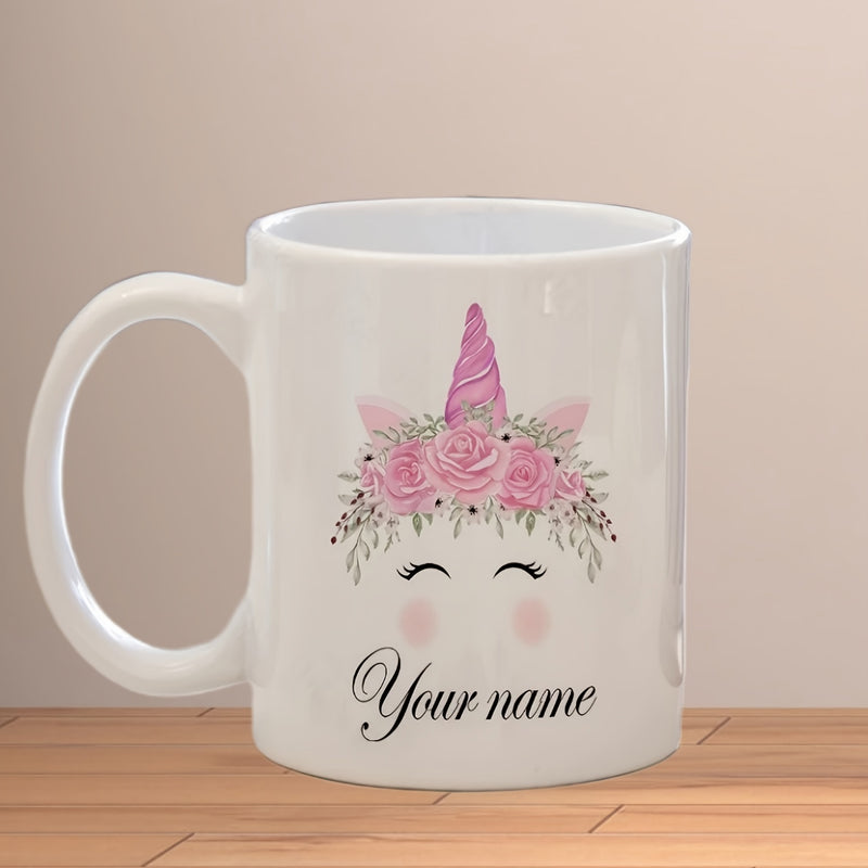 Tailorly White Ceramic 11 oz Mug - Your Name Magical Floral Crown With Pink Roses And Elegant Eyelashes On White Unicorn