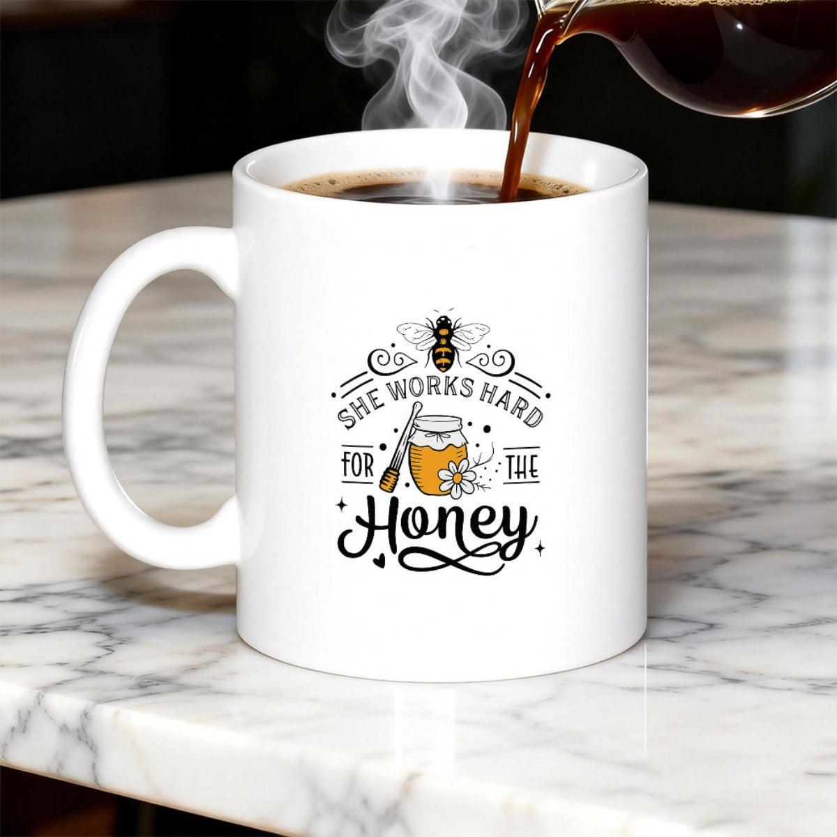 Tailorly White Ceramic 11 oz Mug - She Works Hard For The Honey Detailed Jar With Dipper Flower And A Flying Stripes Honey Bee