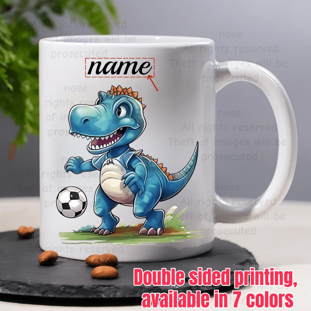 Tailorly White Ceramic 11 oz Mug - Name Playful Blue Cartoon Dinosaur Playing Soccer Among Green Field Grass Dinosaur
