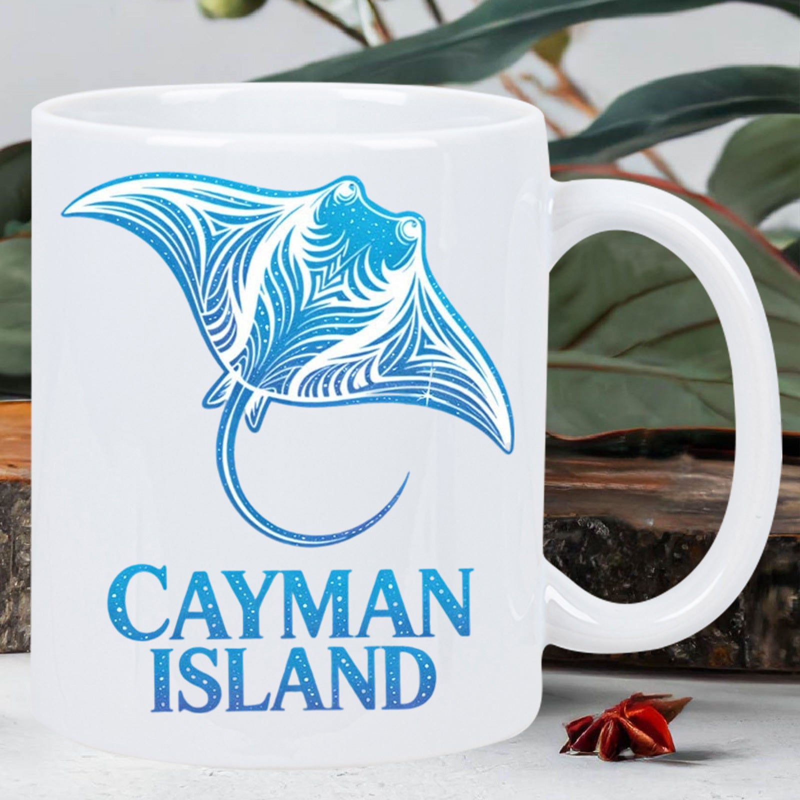 Tailorly White Ceramic 11 oz Mug - Cayman Island Stylized Blue Oceanic Creature With Intricate Internal Line Art Pattern Stingray