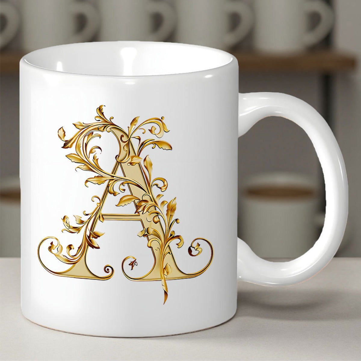 Tailorly White Ceramic 11 oz Mug - A Golden Filigree Floral Pattern Wrapped Around A Classic Elegant Stylized Letter